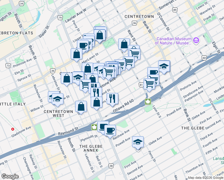 map of restaurants, bars, coffee shops, grocery stores, and more near 530 McLeod Street in Ottawa