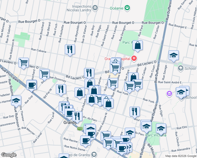 map of restaurants, bars, coffee shops, grocery stores, and more near 352 Rue Saint André Ouest in Granby