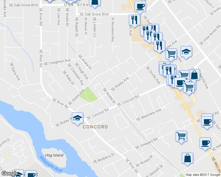 map of restaurants, bars, coffee shops, grocery stores, and more near 15814 Southeast Arista Drive in Milwaukie
