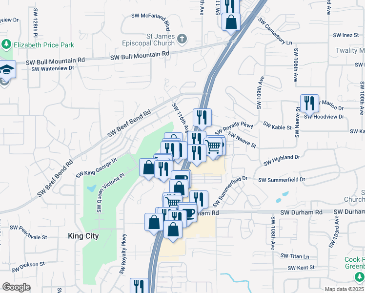 map of restaurants, bars, coffee shops, grocery stores, and more near 15400 Southwest 116th Avenue in King City