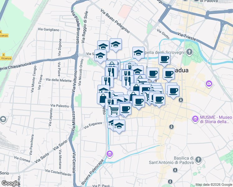 map of restaurants, bars, coffee shops, grocery stores, and more near 6-8 Via Girolamo Frigimelica in Padova