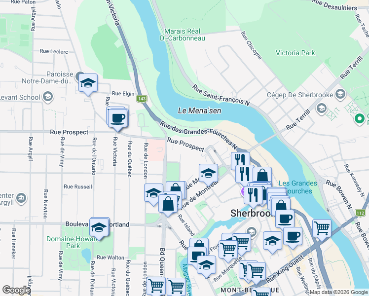 map of restaurants, bars, coffee shops, grocery stores, and more near 644 Rue Prospect in Sherbrooke
