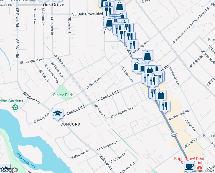map of restaurants, bars, coffee shops, grocery stores, and more near 3089 Riesling Road in Milwaukie