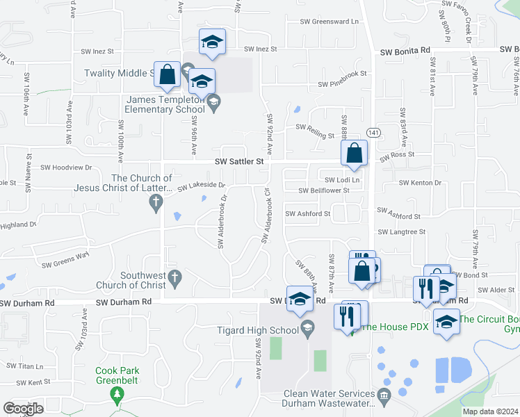 map of restaurants, bars, coffee shops, grocery stores, and more near 15470 Southwest Oaktree Lane in Tigard