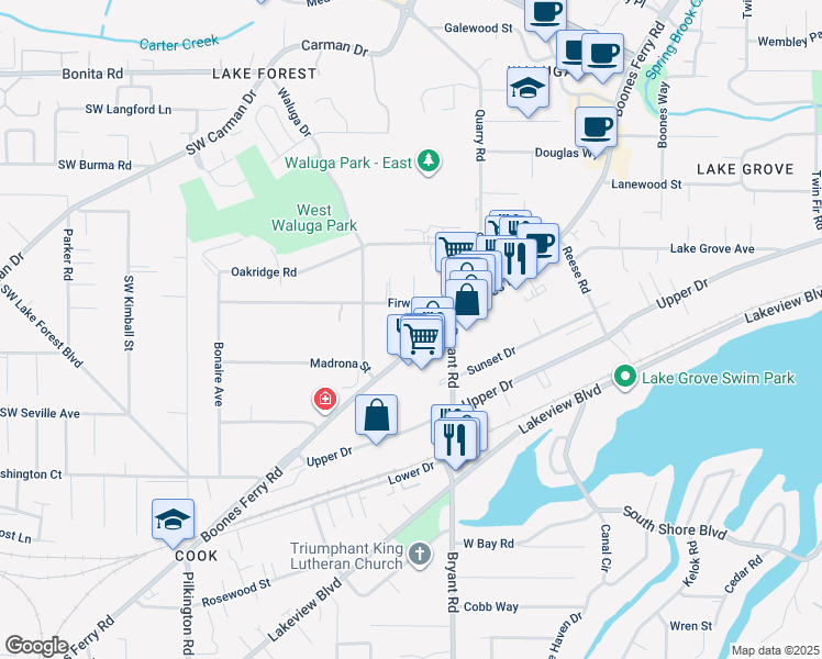map of restaurants, bars, coffee shops, grocery stores, and more near 4688 Firwood Road in Lake Oswego