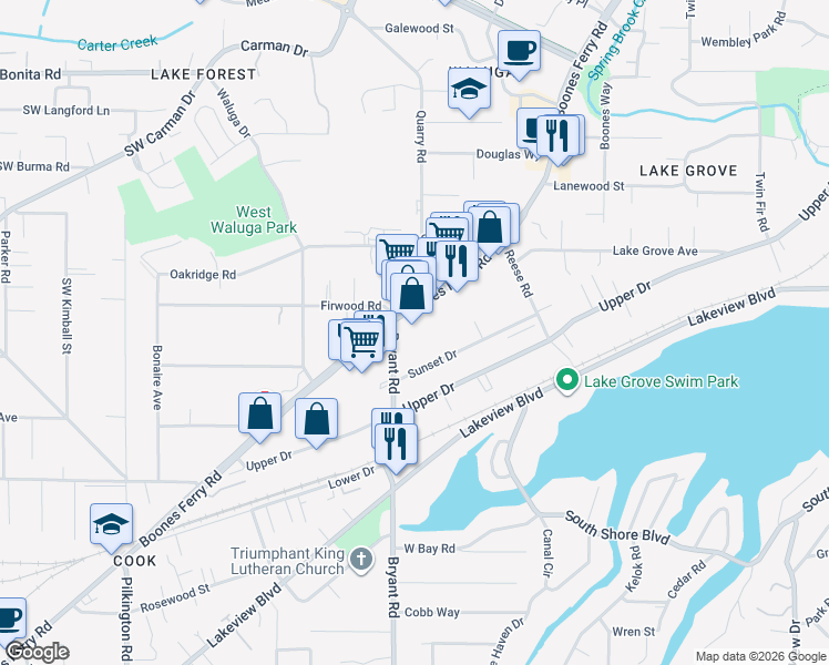 map of restaurants, bars, coffee shops, grocery stores, and more near 16250 Bryant Road in Lake Oswego