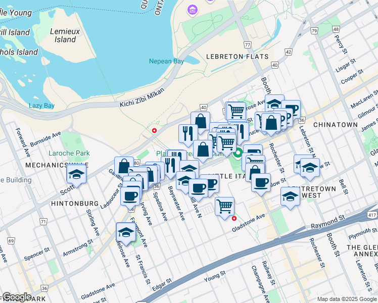 map of restaurants, bars, coffee shops, grocery stores, and more near 250 City Centre Avenue in Ottawa