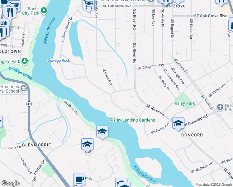 map of restaurants, bars, coffee shops, grocery stores, and more near 16000 Southeast River Forest Place in Milwaukie