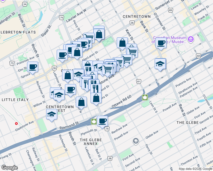 map of restaurants, bars, coffee shops, grocery stores, and more near 539 McLeod Street in Ottawa