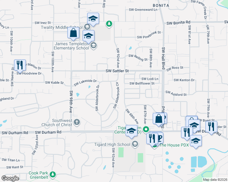 map of restaurants, bars, coffee shops, grocery stores, and more near 15495 Southwest Oaktree Lane in Tigard