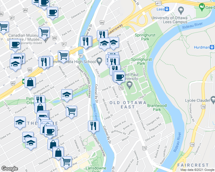 map of restaurants, bars, coffee shops, grocery stores, and more near in Ottawa