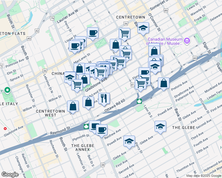 map of restaurants, bars, coffee shops, grocery stores, and more near in Ottawa