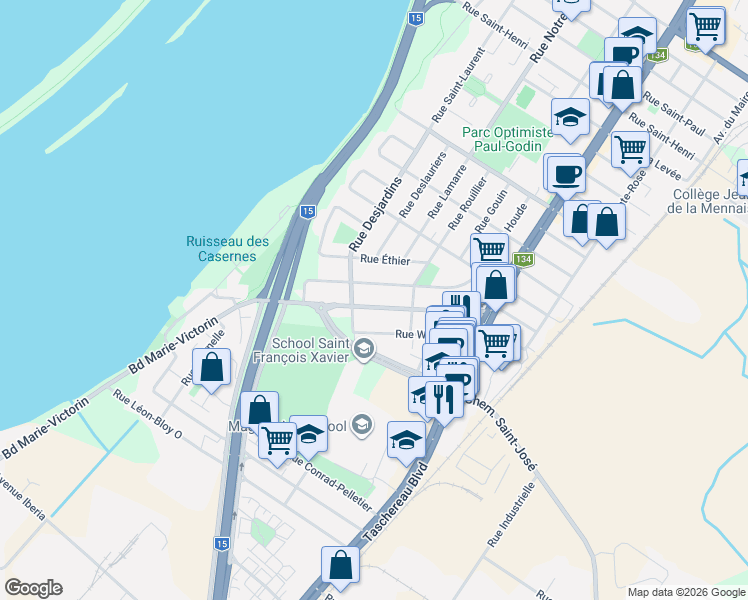 map of restaurants, bars, coffee shops, grocery stores, and more near 235 Rue Salaberry in La Prairie