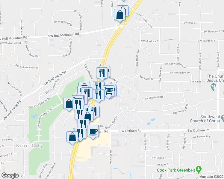 map of restaurants, bars, coffee shops, grocery stores, and more near 15298 Southwest Royalty Parkway in Tigard