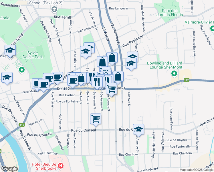 map of restaurants, bars, coffee shops, grocery stores, and more near 720 Rue King Est in Sherbrooke
