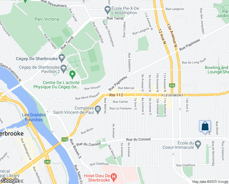 map of restaurants, bars, coffee shops, grocery stores, and more near 445 Rue King Est in Sherbrooke