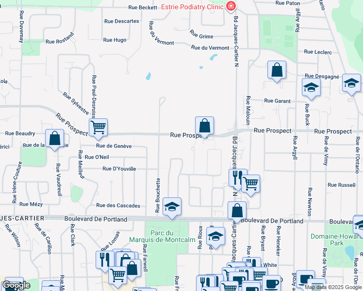 map of restaurants, bars, coffee shops, grocery stores, and more near 1998 Rue Prospect in Sherbrooke