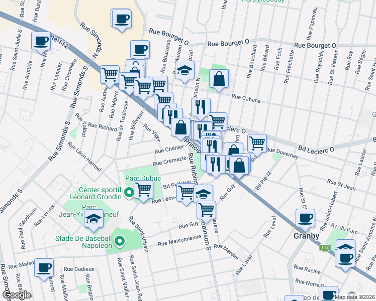 map of restaurants, bars, coffee shops, grocery stores, and more near 18 Rue Robinson Sud in Granby