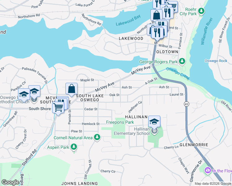 map of restaurants, bars, coffee shops, grocery stores, and more near 927 Oak Street in Lake Oswego