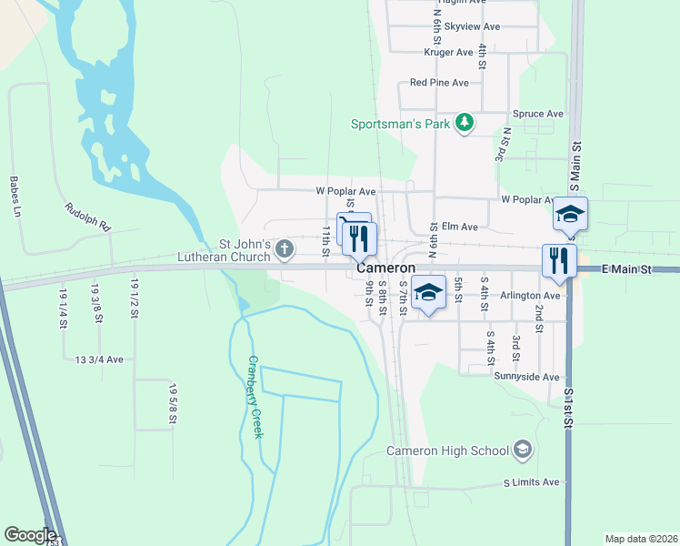 map of restaurants, bars, coffee shops, grocery stores, and more near in Cameron