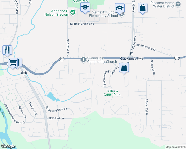 map of restaurants, bars, coffee shops, grocery stores, and more near 16531 Southeast Eckert Lane in Damascus