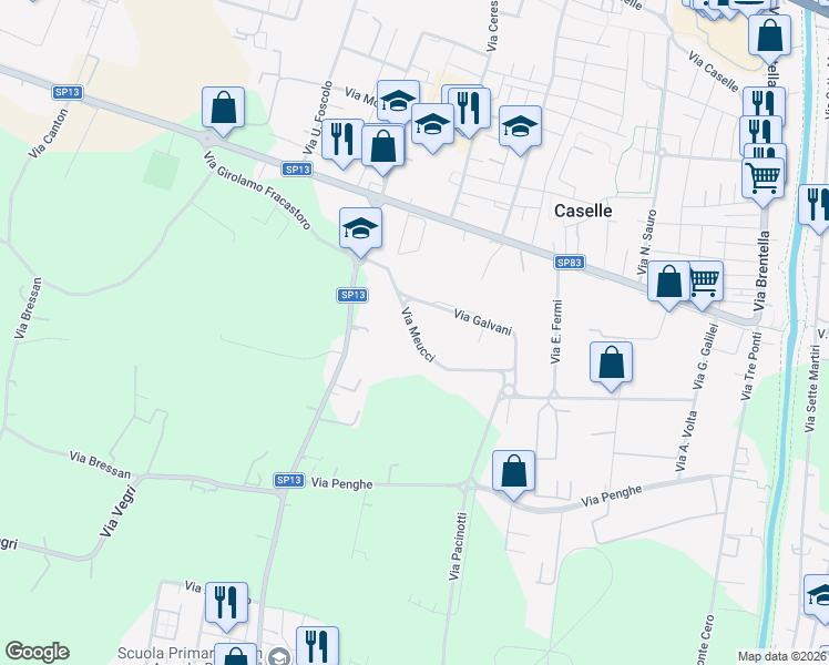 map of restaurants, bars, coffee shops, grocery stores, and more near 11 Via Meucci in Caselle