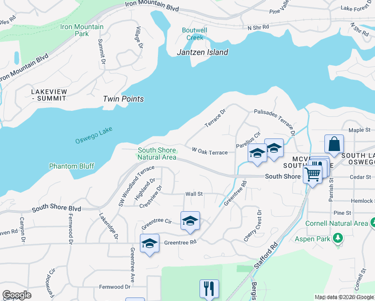 map of restaurants, bars, coffee shops, grocery stores, and more near 1220 West Oak Terrace in Lake Oswego