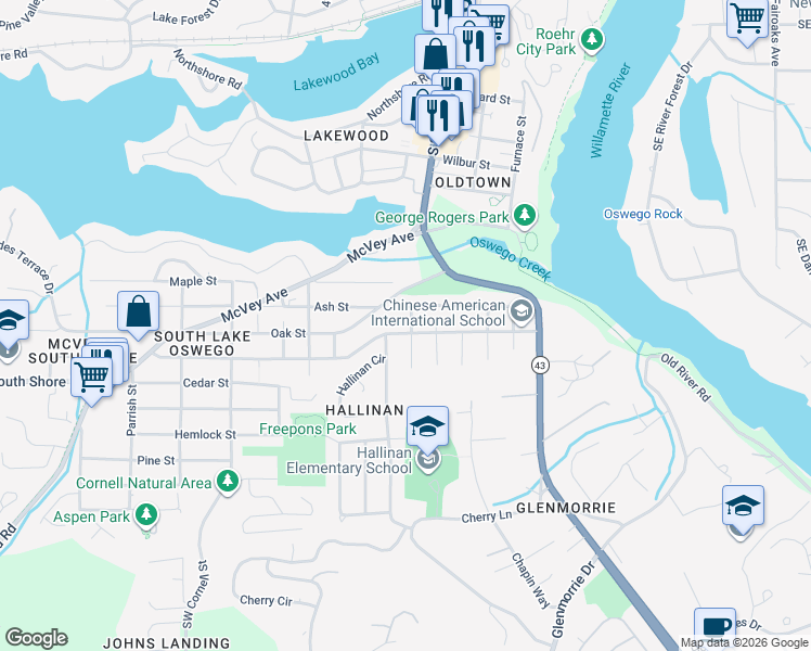 map of restaurants, bars, coffee shops, grocery stores, and more near 503 Laurel Street in Lake Oswego
