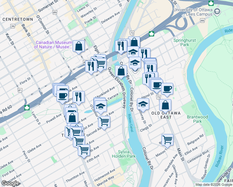 map of restaurants, bars, coffee shops, grocery stores, and more near 1 Linden Terrace in Ottawa