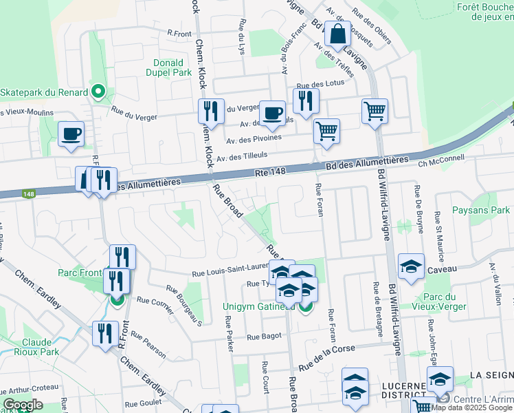 map of restaurants, bars, coffee shops, grocery stores, and more near 62 Impasse John-Roney in Gatineau