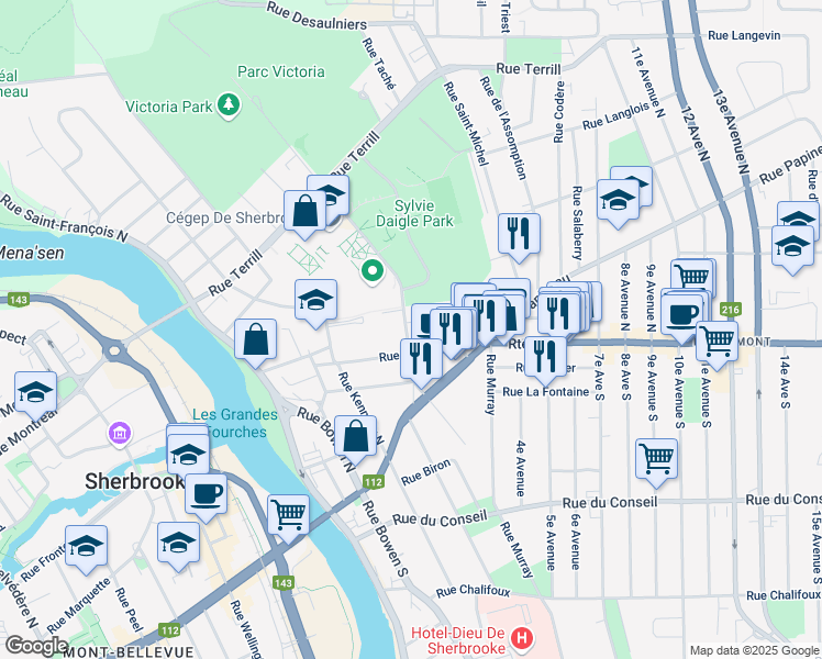 map of restaurants, bars, coffee shops, grocery stores, and more near 232 Rue du Cégep in Sherbrooke