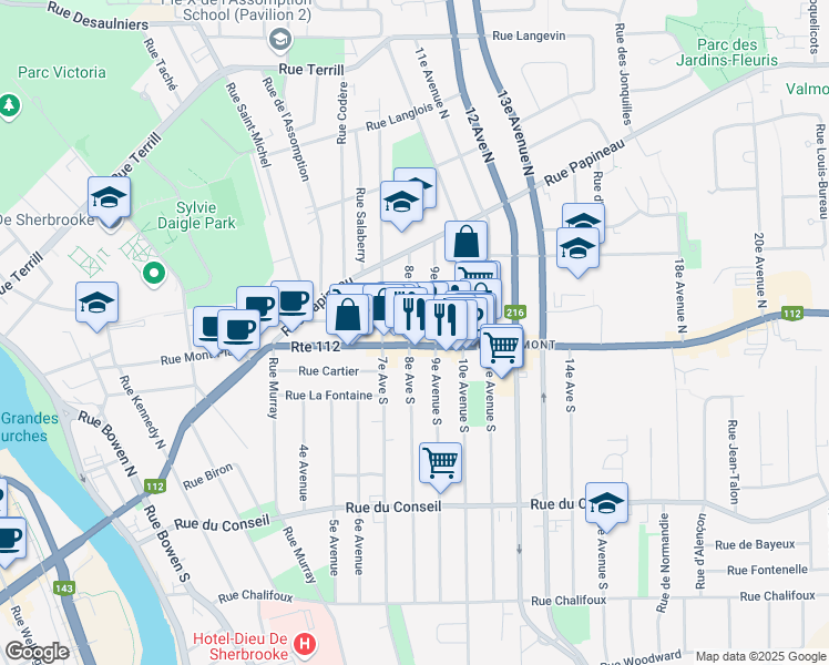 map of restaurants, bars, coffee shops, grocery stores, and more near 18 8e Avenue Nord in Sherbrooke