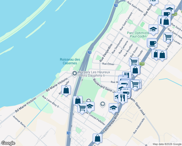 map of restaurants, bars, coffee shops, grocery stores, and more near 171 Rue Salaberry in La Prairie