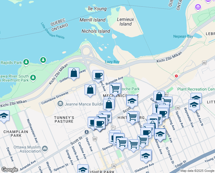 map of restaurants, bars, coffee shops, grocery stores, and more near 143 Forward Avenue in Ottawa
