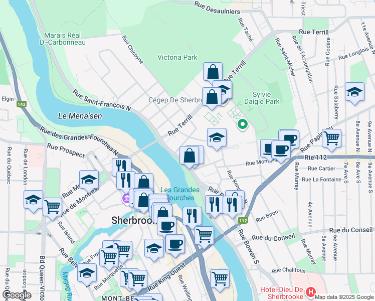 map of restaurants, bars, coffee shops, grocery stores, and more near 100 Rue Clémenceau in Sherbrooke
