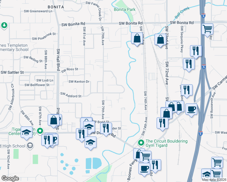map of restaurants, bars, coffee shops, grocery stores, and more near 7755 Southwest Ashford Street in Tigard
