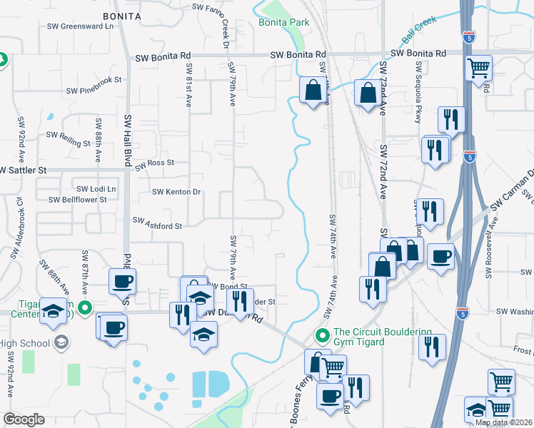 map of restaurants, bars, coffee shops, grocery stores, and more near 7598 Southwest Ashford Street in Tigard