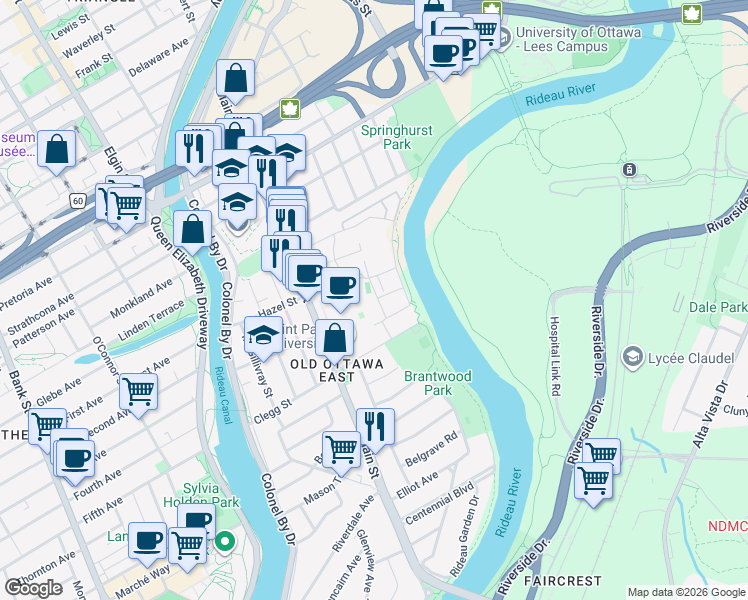 map of restaurants, bars, coffee shops, grocery stores, and more near 530 De Mazenod Avenue in Ottawa