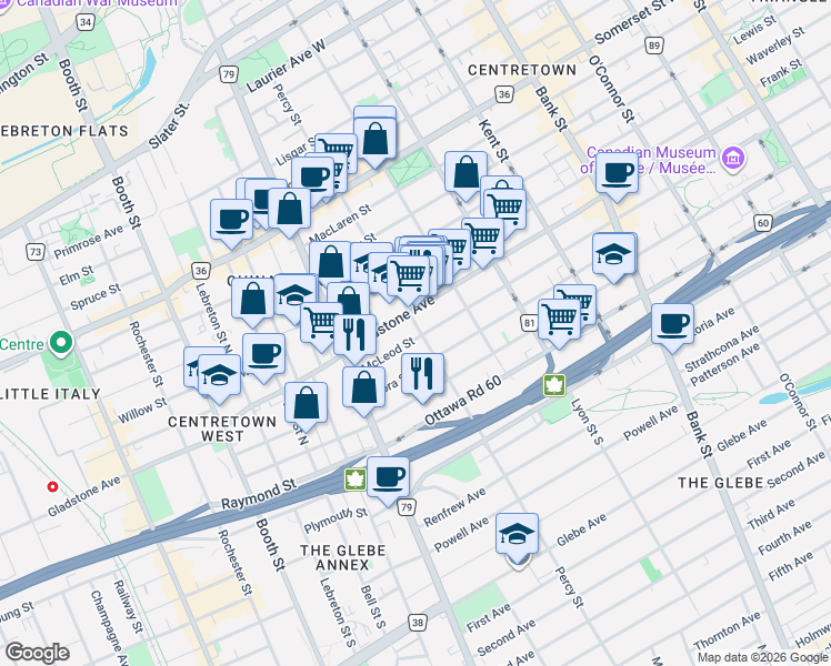 map of restaurants, bars, coffee shops, grocery stores, and more near 531 McLeod Street in Ottawa