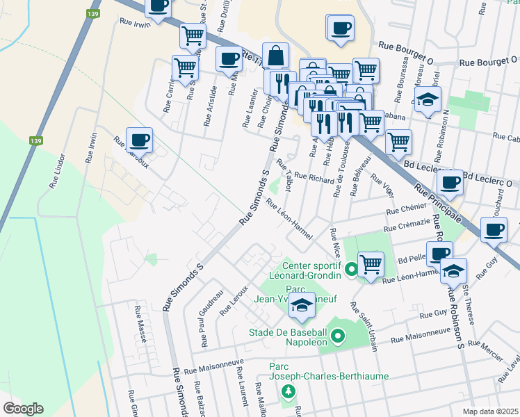 map of restaurants, bars, coffee shops, grocery stores, and more near 125 Rue Simonds Sud in Granby