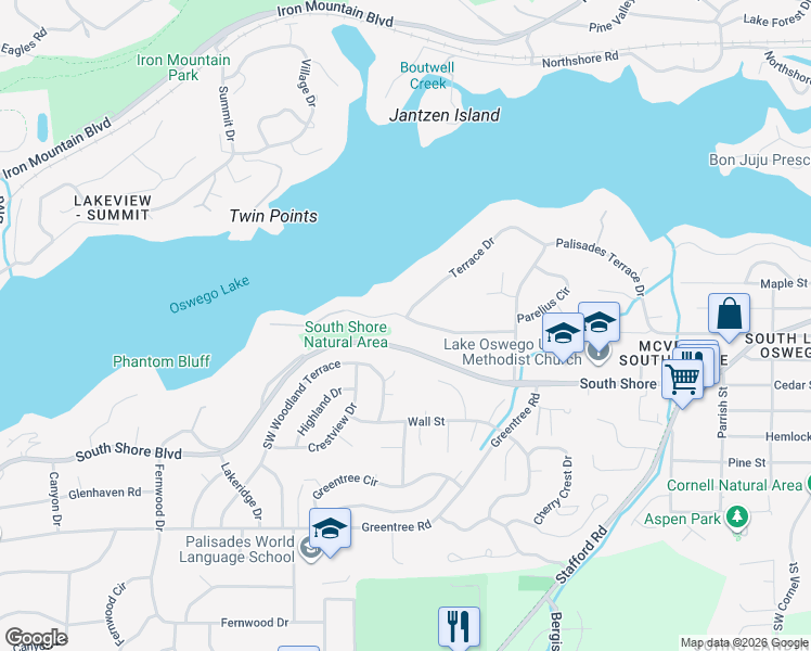 map of restaurants, bars, coffee shops, grocery stores, and more near 1220 West Oak Terrace in Lake Oswego