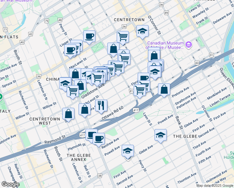 map of restaurants, bars, coffee shops, grocery stores, and more near 243 Flora Street in Ottawa