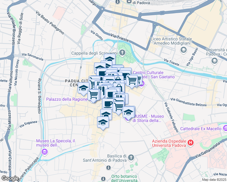 map of restaurants, bars, coffee shops, grocery stores, and more near 14 Via Pietro Fortunato Calvi in Padova