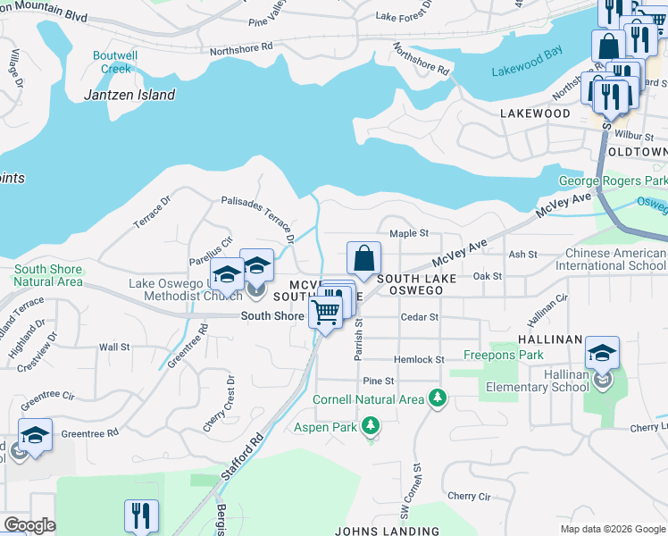 map of restaurants, bars, coffee shops, grocery stores, and more near 1659 Oak Street in Lake Oswego