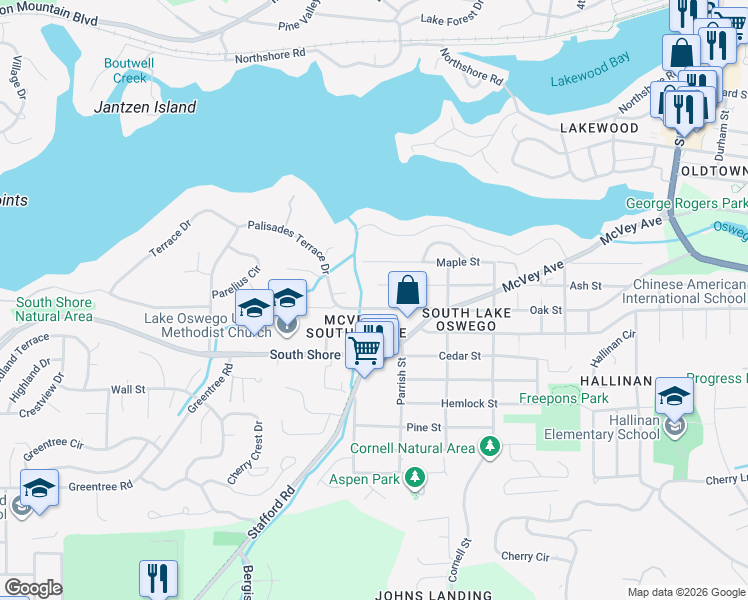 map of restaurants, bars, coffee shops, grocery stores, and more near 1659 Oak Street in Lake Oswego