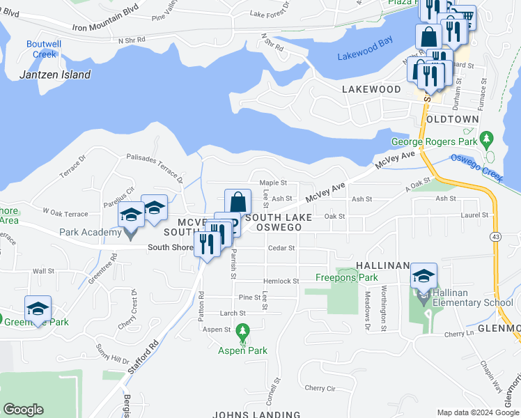 map of restaurants, bars, coffee shops, grocery stores, and more near 1413 Oak Street in Lake Oswego