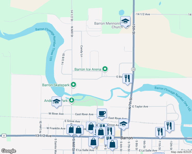 map of restaurants, bars, coffee shops, grocery stores, and more near 207 East Birch Avenue in Barron