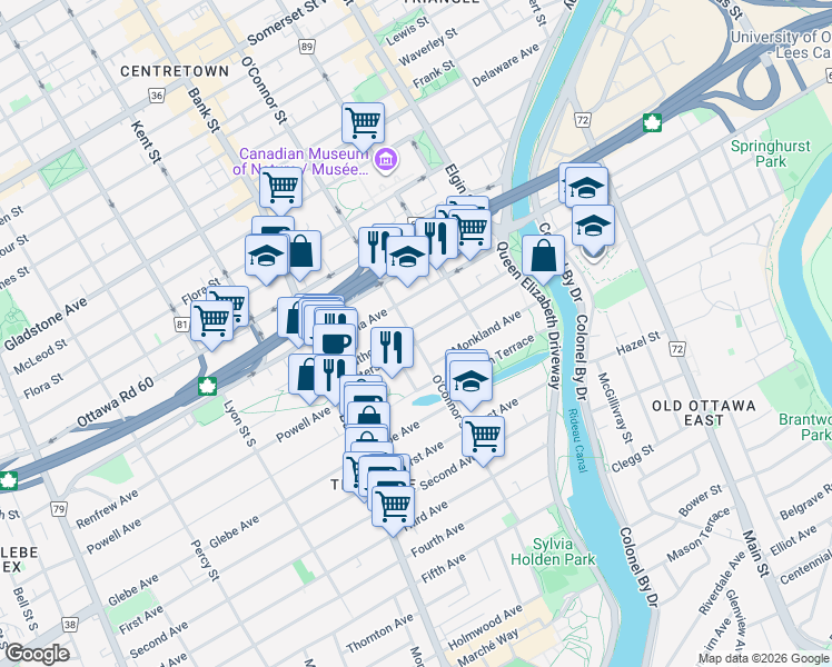 map of restaurants, bars, coffee shops, grocery stores, and more near 109 Patterson Avenue in Ottawa