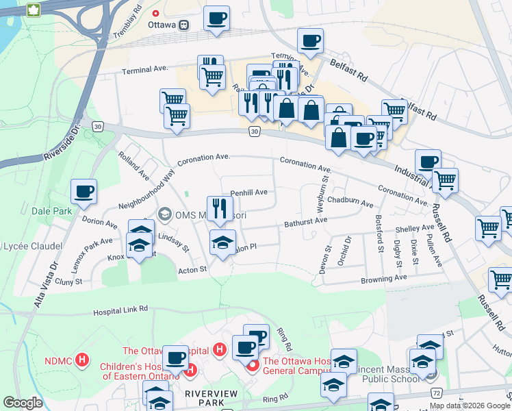 map of restaurants, bars, coffee shops, grocery stores, and more near 1546 Chomley Crescent in Ottawa