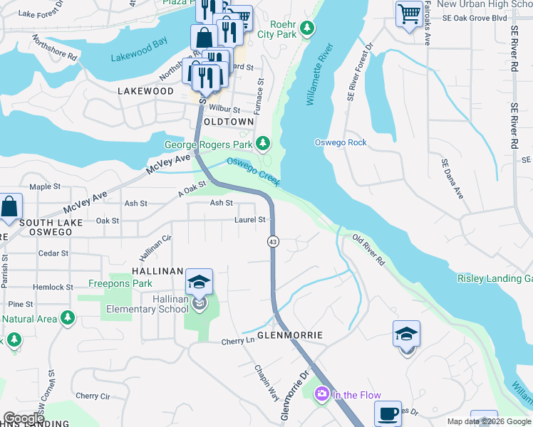 map of restaurants, bars, coffee shops, grocery stores, and more near 17 Laurel Street in Lake Oswego